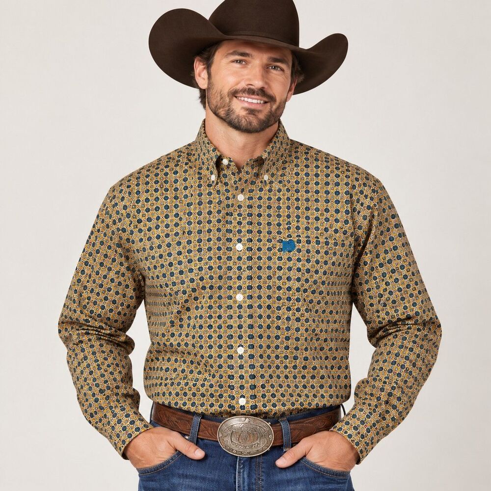 Cinch Men's L Western Shirt Gold Blue Geometric Print Long Sleeve NWT